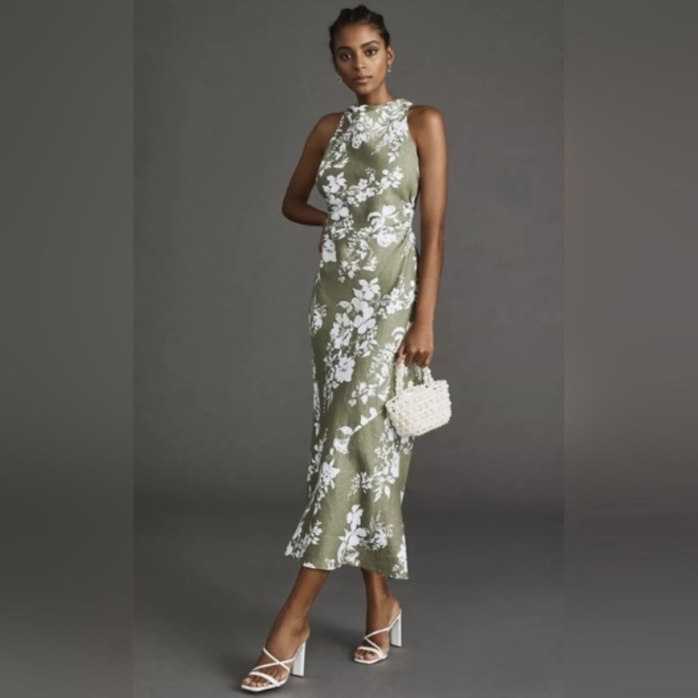 Reformation Dress Casette Linen Midi Cowl Neck in Willow Green Floral